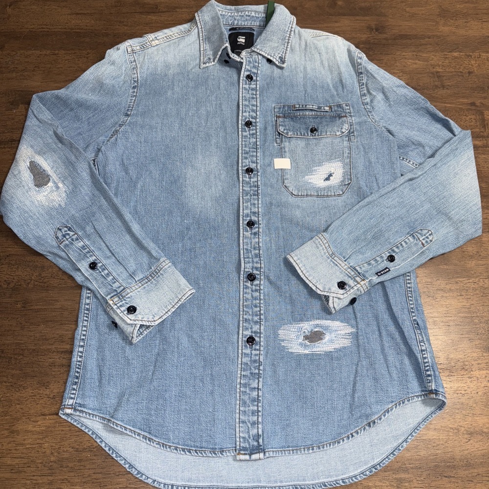 Men's Light Blue Distressed Denim Shirt - Casual Button-Up